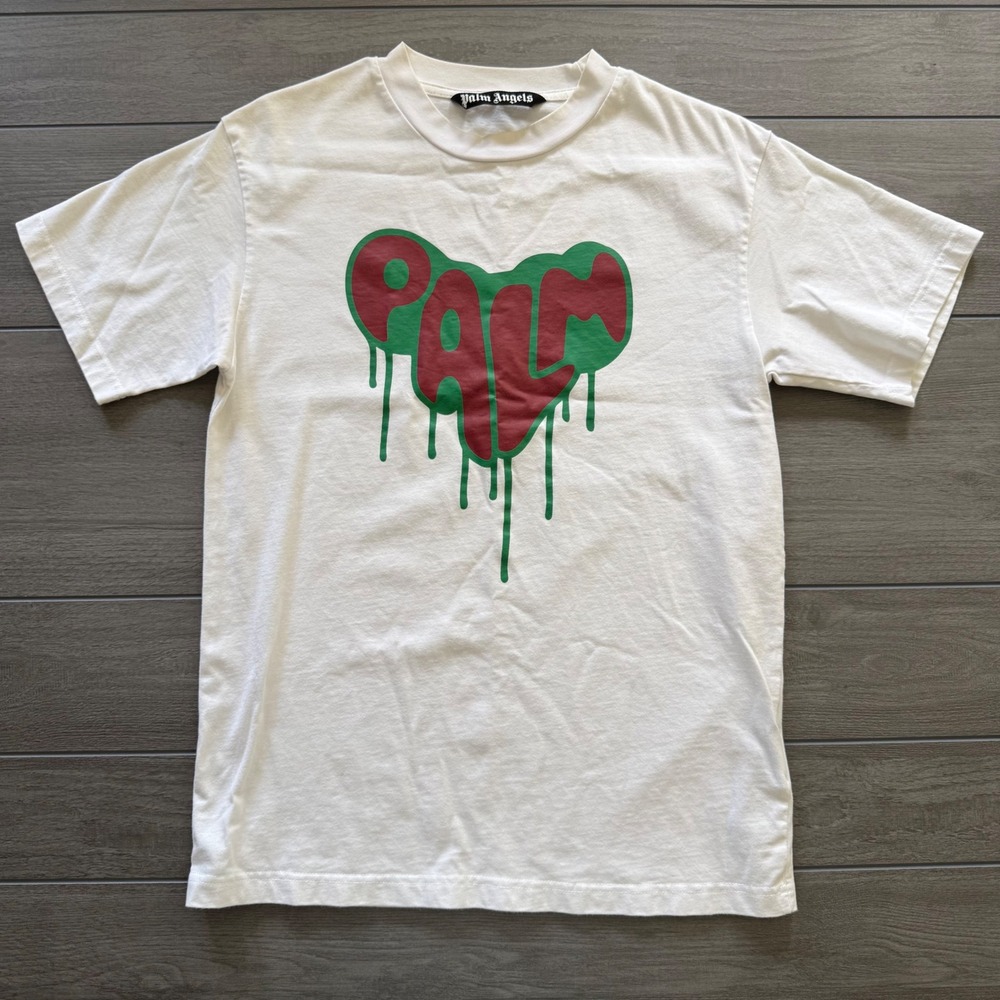 Palm Angels T-Shirt Small White Dripping Heart Graphic Streetwear Tee